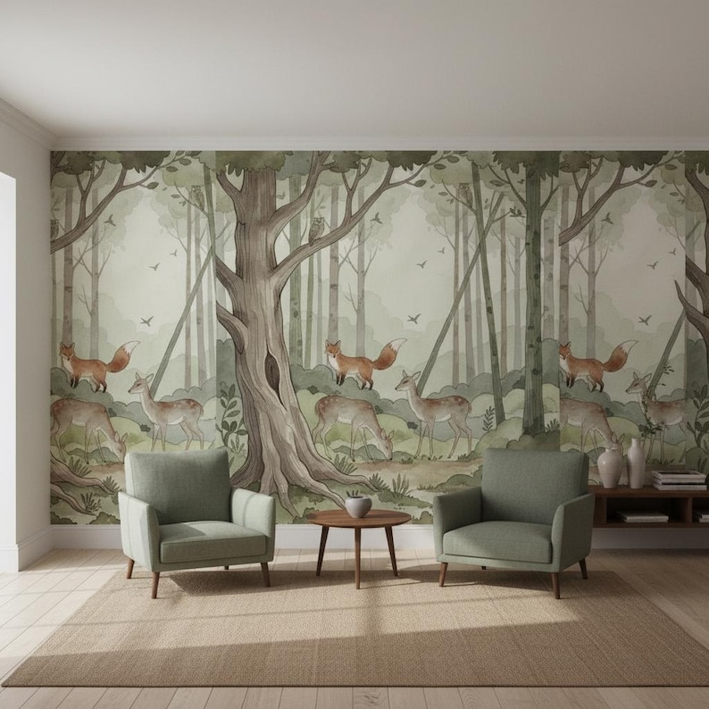Forest Animals Wallpaper | Watercolor Woodland Mural | Deer Fox Nursery ...