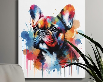 Lienzo colorido de bulldog francés para pared, regalo vibrante para amantes de los perros, decoración moderna para el hogar, impresión artística de animales, retrato de mascota.