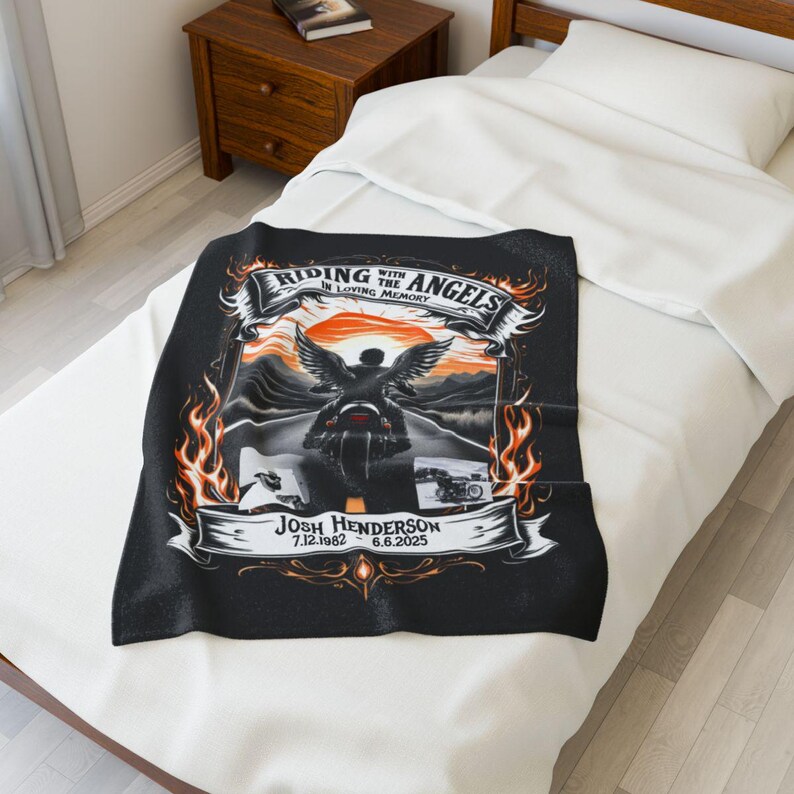 Motorcycle Memorial Blanket, Riding with the Angels, Personalized Memorial Blanket, Custom Memorial Gift, Remembrance Throw Blanket