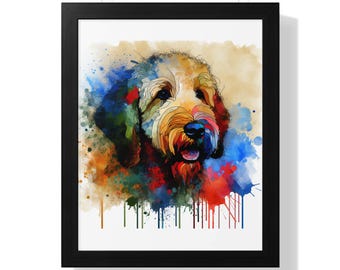 May include: A framed watercolor print of a dog's face, featuring a colorful, abstract design. The artwork showcases a mix of blues, reds, yellows, and greens, with a black frame. The dog's fur is depicted with intricate details.