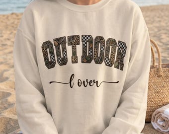 Outdoor Lover PNG Sublimation Design, Camo Leopard Checkerboard Digital File, Rustic Hunter Country Girl Outdoorsy Shirt Print