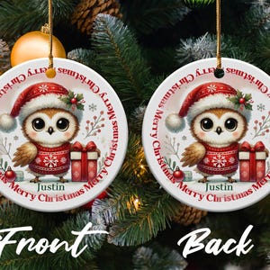 Personalized custom owl Christmas ornament, Merry Christmas tree decoration, Cute owl ornament for holiday decor