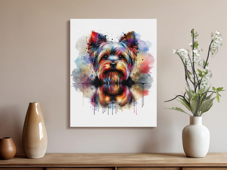Colorful Dog Art Print, Yorkshire Terrier Wall Decor, Vibrant Pet Portrait Canvas, Unique Animal Artwork, Bold Colorful Home Decor