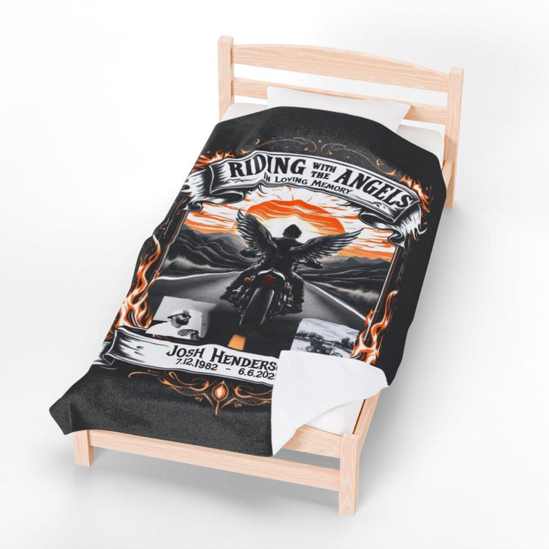 Custom Memorial Blanket, Riding with the Angels Design, Motorbike Tribute Bedding, In Loving Memory Keepsake, Personalized Gift