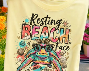 Resting Beach Face Sea Turtle PNG Digital Download, Sassy Sunglasses Leopard Headband Summer Vacation Beachy Sublimation DTF
