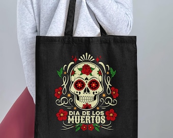 Dia De Los Muertos Skull Tote Bag, Day Of The Dead Floral Tote, Sugar Skull Halloween Bag, Mexican Holiday Tote Bag