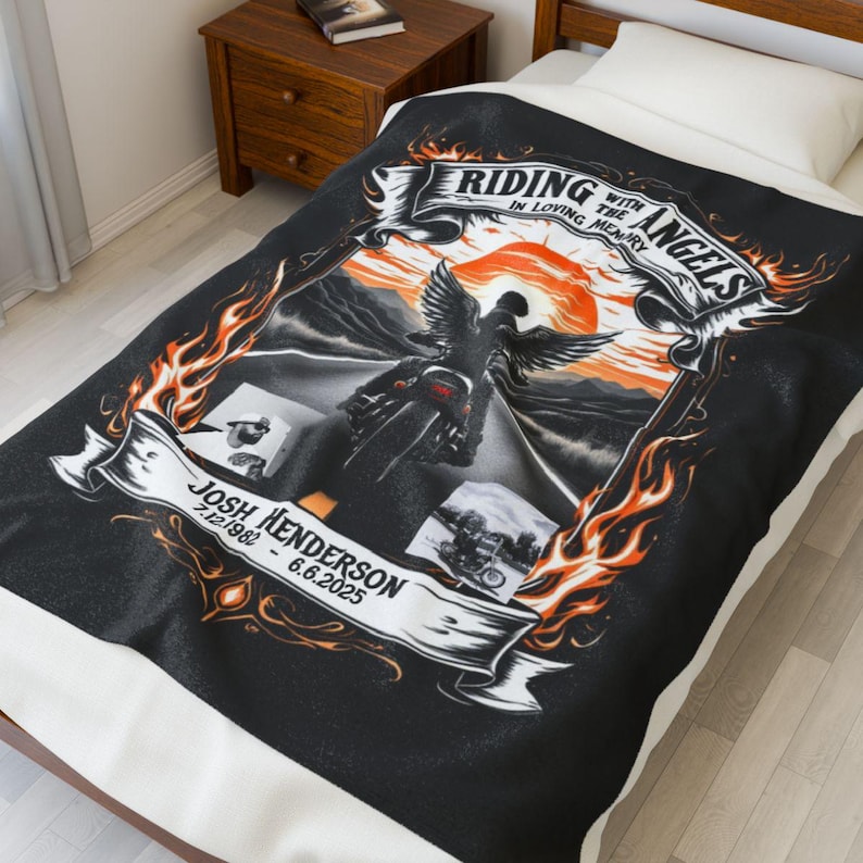 Memorial Blanket, Riding with Angels in Loving Memory, Personalized Motorbike Ride Memorial, Custom Tribute for Loved Ones