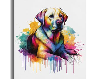 May include: A colorful watercolor painting of a Labrador Retriever dog. The dog is depicted in vibrant hues of yellow, blue, pink, and green, with paint drips at the bottom. The dog is lying down on a white background.