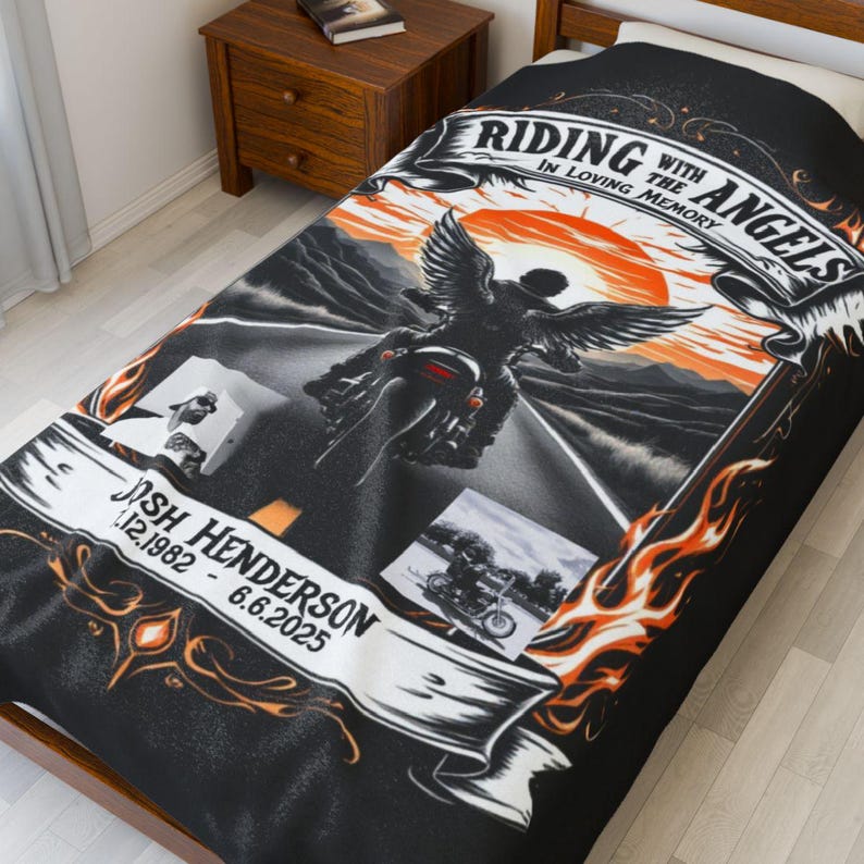 Riding with the angels in loving memory, motorcycle memorial throw blanket, memorial gift, bereavement gift, sympathy present