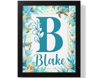 Póster personalizado con inicial de tortuga, decoración infantil con temática marina.