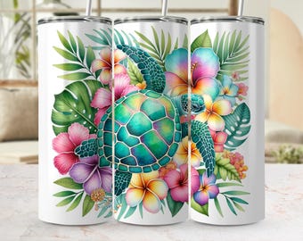 Watercolor Sea Turtle PNG Sublimation Design for DTF POD  Vibrant Tropical Hibiscus Flowers, Ocean Animal Digital Print