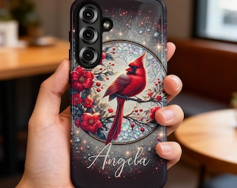 Personalized Cardinal Samsung Phone Case, Custom Name Bird Floral Sparkle Phone Cover, Elegant Unique Gift for Her, Cardinal Lover Gift
