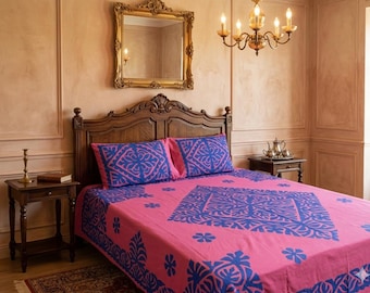 Pure cotton bedsheets (flat) sets with standard pillow covers adorned by handicrafts such as thread work embroidery and patch work. Variety.