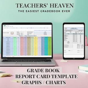 Può includere: Un laptop e un tablet mostrano un modello di registro scolastico e pagella. Il laptop mostra un foglio di calcolo con nomi e voti degli studenti. Il tablet mostra una pagella con i voti delle materie. Il testo in alto recita "Teachers' Heaven".