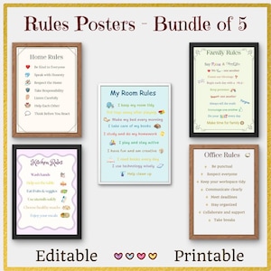 May include: A bundle of five printable rules posters with various themes. The posters include "Home Rules," "Kitchen Rules," "My Room Rules," "Family Rules," and "Office Rules." Each poster features a list of rules in a decorative frame.