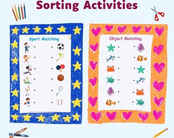 May include: Two printable Montessori matching and sorting activities for preschoolers. One sheet is blue with yellow stars and features sports. The other is orange with pink hearts and features sea creatures. The text reads "Montessori Matching & Sorting Activities."