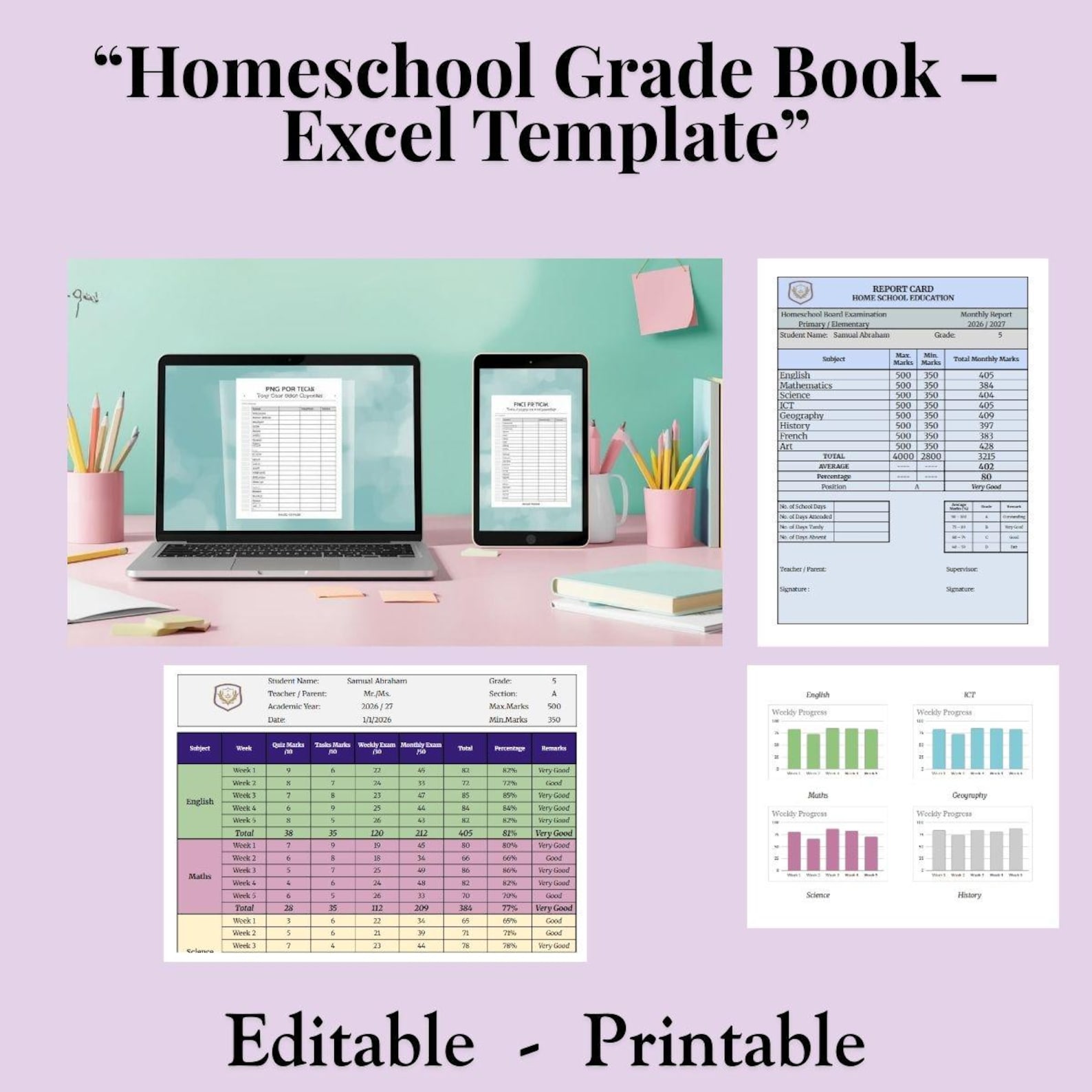 Homeschool Grade Book Excel Template | Automatic Updates (digital