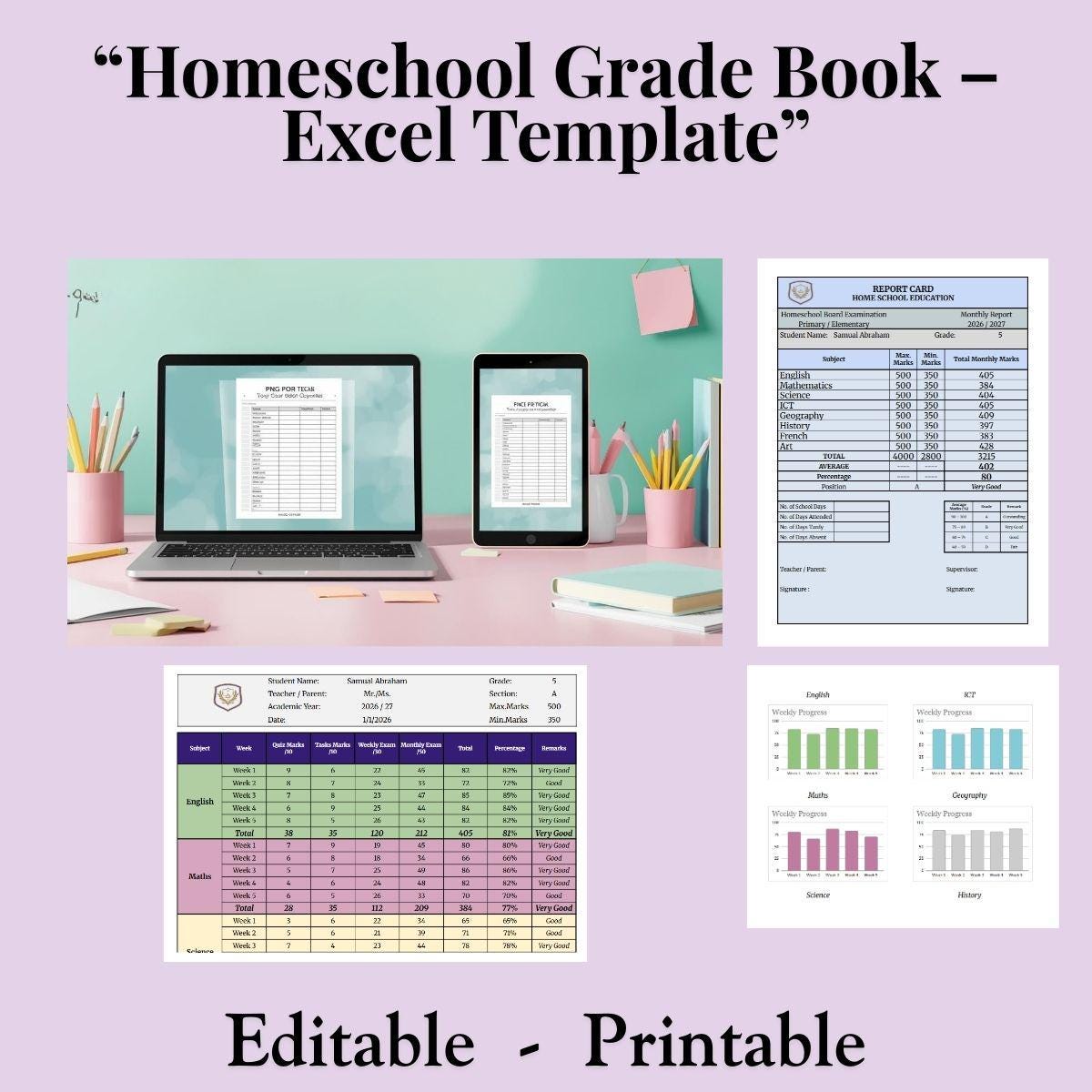 Homeschool Grade Book Excel Template | Automatic Updates (digital