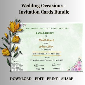 May include: A wedding invitation card bundle with floral and botanical elements. The invitation includes the text "Wedding Occasions - Invitation Cards Bundle", RSVP details, and event information for a Rasm-e-Mehndi.
