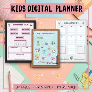 May include: A digital planner for kids with a pink and white background. The planner includes a monthly calendar, weekly schedule, and a section for goals. The text "KIDS DIGITAL PLANNER" is at the top. The planner is editable, printable, and hyperlinked.