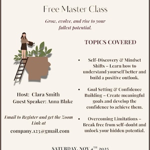 Può includere: Un poster beige che promuove una "Sessione di crescita personale" e una "Master Class gratuita". Presenta un'illustrazione di una persona che innaffia piante che crescono da una testa. Gli argomenti includono la scoperta di sé e la definizione di obiettivi.