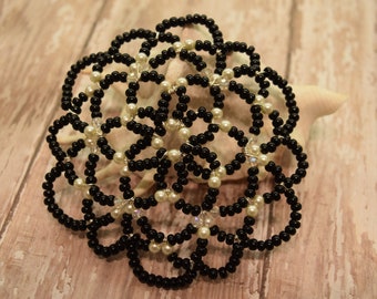 Black Glass Beads and White Pearls Kippah / Fancy Beaded Kippah / Hight Holiday Beaded Kippah / Passover Beaded Kippah.