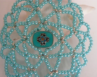 Beaded women kippah,  teal pearls, silver glass beads,  charm in the center, yarmulke beaded, kippot beaded, hair piece, gift box.