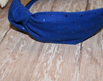 Pin Dot Foil Blue Cotton Headband - Fun Shabbat Headband - Bat Mitzvah Headband.