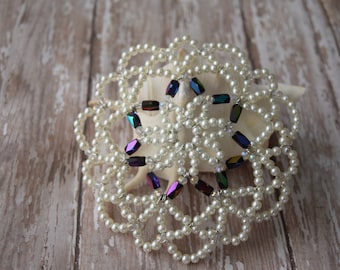 Classy and Gorgeous Cream Pearl Kippah - Unique Beaded Kippah - Hight Holiday Beaded Kippah - Iridescent Beaded Kippah.