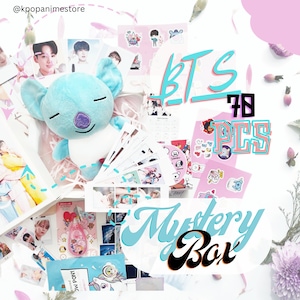 Boîte mystère BTS avec peluche BT21 - Boîte cadeau BTS Kpop avec cartes photo BTS, autocollants et chocolats