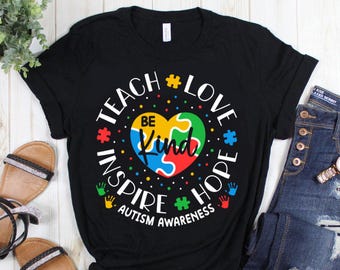 Shirts voor leraren autisme, shirt autisme, Teach Love Inspire, World Autism Awareness, Autism Month