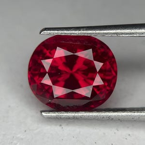 May include: A vibrant, oval-cut ruby gemstone held by tweezers. The gem is a deep, saturated red with a star-like pattern visible within. The facets catch the light, creating a brilliant display. The background is a neutral, light gray.