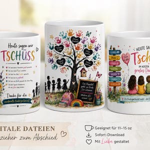 Könnte beinhalten: Drei weiße Keramikbecher mit farbenfrohen Illustrationen für Erzieher. Die Designs zeigen einen Baum mit Handabdruck-Blättern, Wegweiser mit deutschem Text, Kinderfiguren, eine Schultafel und Blumenmotive. Der Text lautet "Heute sagen wir TSCHÜSS" und enthält verschiedene Dankesworte.