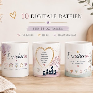 Könnte beinhalten: Drei weiße Keramikbecher mit dem Aufdruck "Erzieherin". Die Becher haben verschiedene Designs, darunter Aquarellblumen, Herzen und eine Silhouette einer Lehrerin mit Kindern. Der Text "10 DIGITALE DATEIEN" und "FÜR 11 OZ TASSEN" sind ebenfalls sichtbar.
