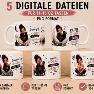 Könnte beinhalten: Fünf weiße Keramikbecher mit einzigartigen Designs. Jeder Becher zeigt eine Cartoon-Illustration einer Person mit einem Herzdesign auf ihrem Hemd sowie inspirierendem Text. Die Becher sind für 312-425 ml konzipiert.