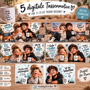 Könnte beinhalten: Ein digitales Set mit fünf Tassenmotiven, die ein Paar mit Hund und Katze im Cartoon-Stil zeigen. Die Grafiken enthalten deutsche Texte wie Lieblingmensch, Du bist mein schönstes Chaos und Ich bin nicht anstrengend, umgeben von Herz-Symbolen und gemütlichen Szenen für 11-15 oz Tassen.