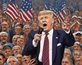 May include: An illustration of a man in a dark suit and red tie speaking into a microphone, surrounded by a crowd and American flags. The crowd is composed of many people, and the flags are waving in the background.