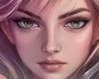 Puede incluir: Primer plano de un retrato de una mujer con el pelo largo y rosa. Sus ojos son una mezcla de marrón y gris, y tiene una expresión suave y femenina.