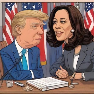 In this cartoon, Donald Trump and Kamala Harris are depicted in a lively debate setting. (You get all 3 download formats jpg, pdf, and png.)