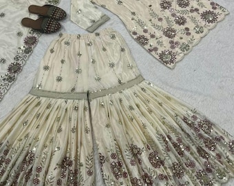 Traje Sharara de seda Chinnon bordado con Dupatta