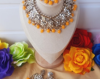Conjunto de collar con espejo: pendientes punjabi tikka, joyería de Bollywood