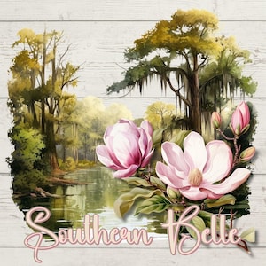 Magnólia Estilo Sulista PNG | Design de Camiseta Estilo Bayou da Louisiana | Sublimação Floral Coquette | Clipart de Magnólia Rosa | Estampa Estilo Country Girl