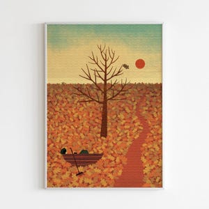 Autumn Tree with Last Leaf | Relaxing Boat Scene & Black Cat | Fall Art Print
