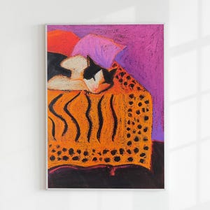 Retro Katze Kunstdruck, lebendige schwarz-weiße Katze, 80er Jahre Vibe Pastell, digitaler Download