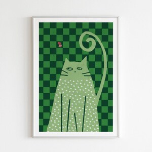 Pôster de gato verde e rosa em fundo xadrez | Arte de parede engraçada ou cartão postal | Arte peculiar de gato e mosca | Presente para amantes de gatos