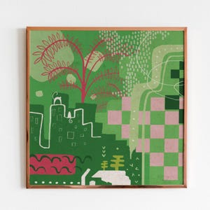 Grün und Rosa Digitale Illustration | Lebendiges abstraktes Katzenbild, Funky Poster, lustiges Wohndekor | Meowtrizität