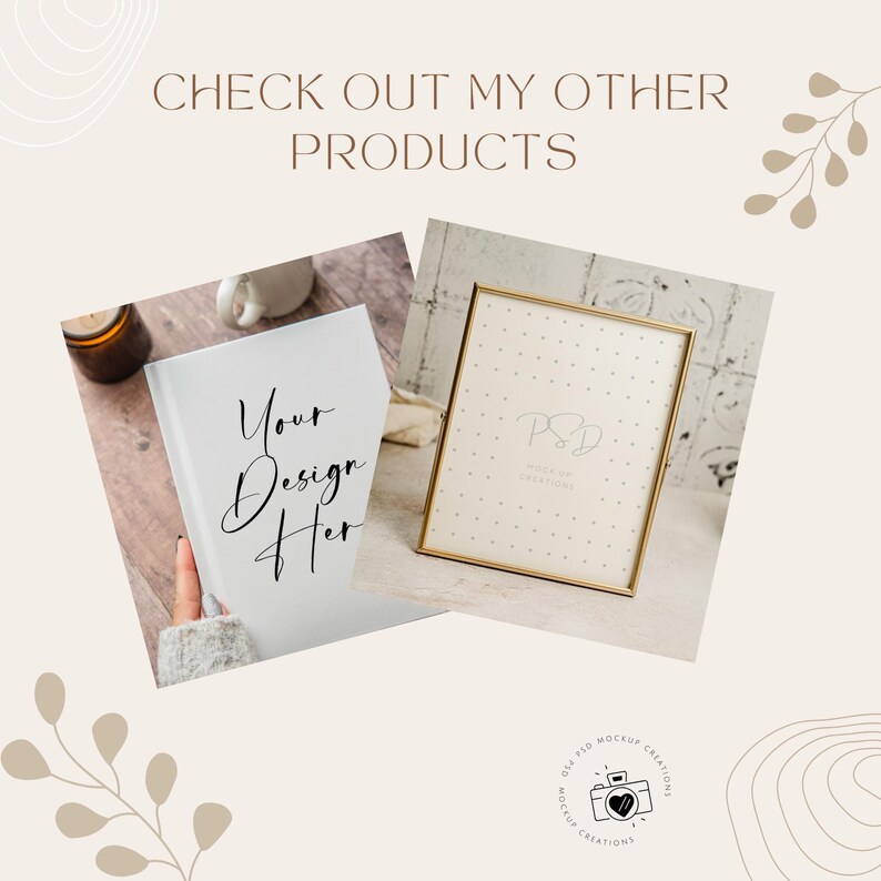 May include: A gold-framed picture frame and a white book with the text "Your Design Her" are displayed. The image also includes the text "Check out my other products". The frame has a dotted pattern.