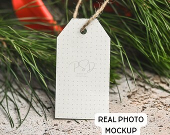 Mockup kerstcadeaukaartje, PSD verticaal label (digitale download)