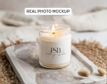 Cozy Candle Mockup 9oz Lumient Clear Glass Soy Candle Jar Mockup, Hygge Real Photo Candle Label Mockup PSD