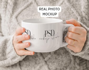 25 oz Latte Mug Mockup Real PhotoHands Holding Large White Mug Jumbo Coffee Mug PSD Smart Object for Photoshop and Photopea